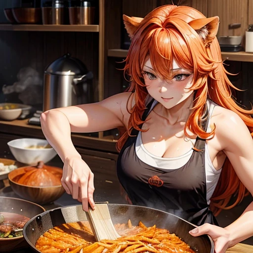 A beautiful orange-haired lion beast woman is making char siu　There is a bowl of rice