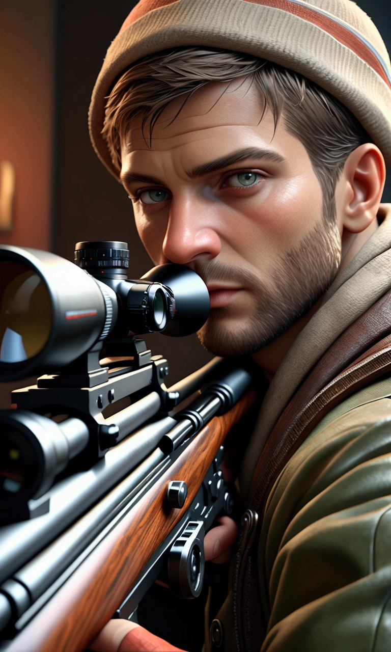 1boy, Sniper, front view, looking at viewer, cinematic angle, realistic, hyper-realistic, photorealistic, (best quality,4k,8k,highres,masterpiece:1.2),ultra-detailed,(realistic,photorealistic,photo-realistic:1.37),studio lighting,vivid colors,dramatic lighting,