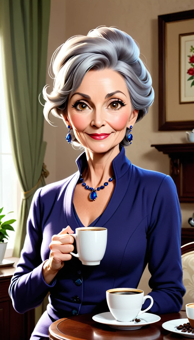 a 50 year old lady, elegant and well dressed, drinking coffee in her home