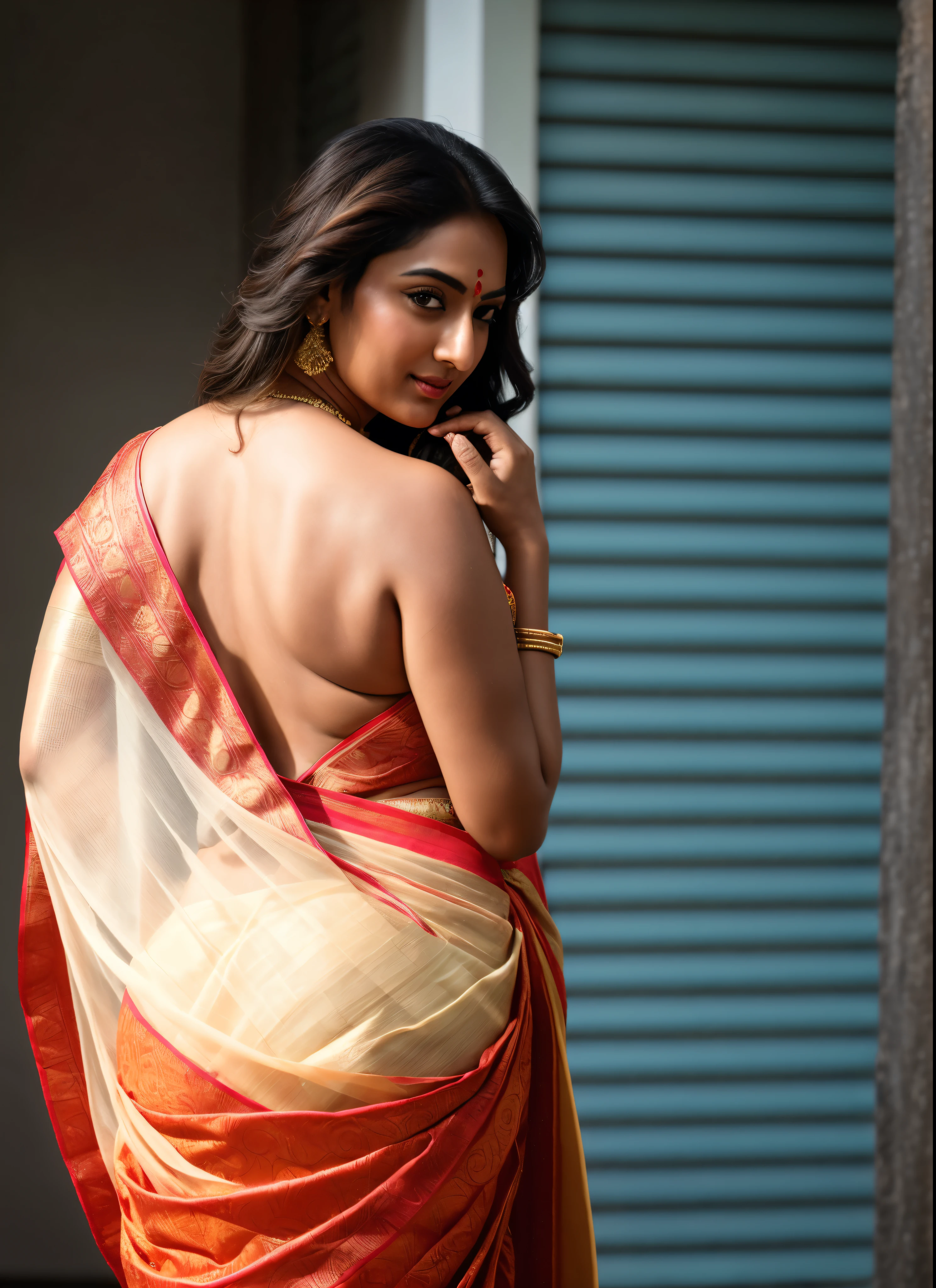Foto RAW, photorealistic, photography, full body shot, master shot, perfect eyes, goddess like beauty, pierced eyes, perfect thick chubby mallu Desi aunty bhabhi, Wearing a Stanapatta, a chest-band.Saree model, model Photography, Indian saree shoot, Indian traditional wear advertising photography, traditional wear brand shoot, face of Indian actress Sonakshi Sinha, masterpiece, realistic, realism, incredible details,  pleasure, photorealism, detailed skin, skin pores, high contrast, photorealistic Artstation 8k HD digital art trend of high definition and detailed realistic skin texture, ultra detail, realistic skin texture, armature, best quality, ultra high definition, (photorealistic:1.4),, high resolution, detail, raw photo, sweat, Re sharp, by Lee Jefferies Nikon D850 Film Stock Photo 4 Kodak Portra 400 Camera F1.6 Lens Rich Color Ultra Real Realistic Realistic Textures Dramatic Lighting Unreal Engine Trending at Art Station Cinestill 800,(pele altamente detalhada: 1.2), 8k UHD, DSLR, soft-lighting, alta qualidade, grain of film, Fujifilm XT3,she didn't like to wear blouse or bra, she is happy to wear only saree, she hates blouse or bra, detailed hairy armpits, hyper realistic skin, skin pores, sweat, veins, The open back looks attractive in a saree without a blouse