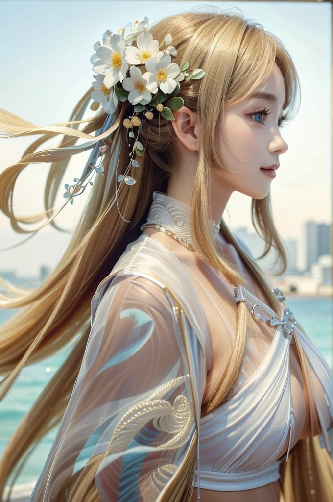 Masterpiece, highest pixels, ultra-high details, exquisite and shocking picture quality, 8k, ultra-clear, studio lighting, depth of field, bust, plump, cute and delicate face, smile, eyes with beautiful details, 19 years - Japanese fat girl with super big breasts, perfect Super real skin, porcelain white and crystal clear skin, fair and shiny skin, extra large big breasts, big cleavage, white, soft and shiny big breasts, fair and delicate skin, super low-cut, super mini tulle bikini, thong, super pretty face, warm Long curly blonde hair, square, casual