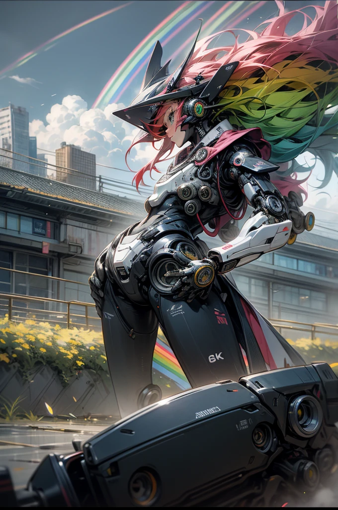 anime style, super fine illustration, highly detailed, dynamic angle, beautiful detailed, 8k, Rainbow over the meadow under the clowly on a battle day. BREAK Cute anthropomorphic Robot is sadly walking, under the rainbow. BREAK Robot in colorful harmonize with the rainbow, creating a beautiful scene.Break dystopia,Disillusioned,City,Landscape painting,Break MECA,droid,human_no,