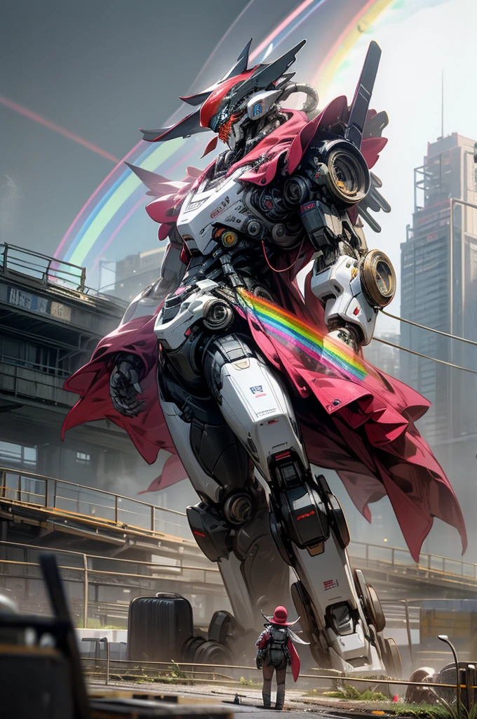 anime style, super fine illustration, highly detailed, dynamic angle, beautiful detailed, 8k, Rainbow over the meadow under the clowly on a battle day. BREAK Cute anthropomorphic Robot is sadly walking, under the rainbow. BREAK Robot in colorful harmonize with the rainbow, creating a beautiful scene.Break dystopia,Disillusioned,City,Landscape painting,Break MECA,droid,human_no,