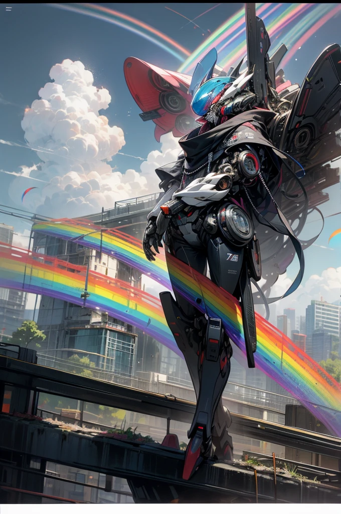 anime style, super fine illustration, highly detailed, dynamic angle, beautiful detailed, 8k, Rainbow over the meadow under the clowly on a battle day. BREAK Cute anthropomorphic Robot is sadly walking, under the rainbow. BREAK Robot in colorful harmonize with the rainbow, creating a beautiful scene.Break dystopia,Disillusioned,City,Landscape painting,Break MECA,droid,human_no,