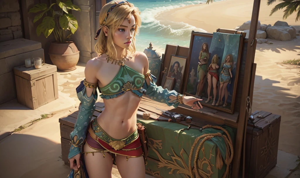 ((work of art)), ((best qualityer)), (detailded), perfect, standing alone, link, beautiful boy, Delicious lips, hair blonde, sexly, wearing Gerudo bikini set. Deitado sexly bunda pra cima.
