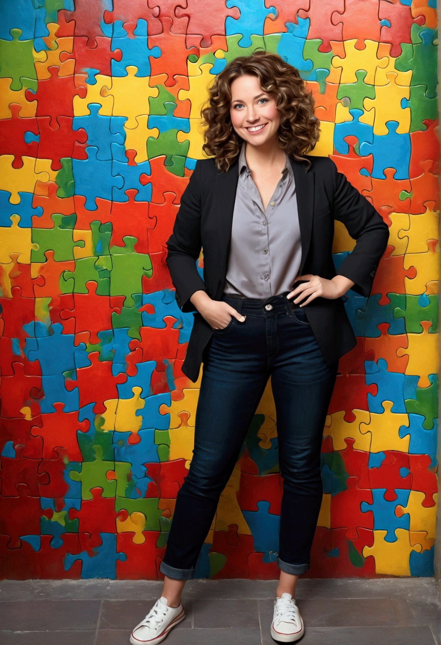 ((best qualityer)), ((work of art)), (detailded), (childlike)A 37 year old woman, with shoulder-length brown hair with lighter strands and very curly hair, round face with charming smile, blue colored eyes, chubby body, wearing an elegant gray shirt, black blazer, and black jeans and white sneakers. full - length portrait, behind a wall with red puzzle, cerulean, green and yellow. Develop this art Disney Pixar Animations Style