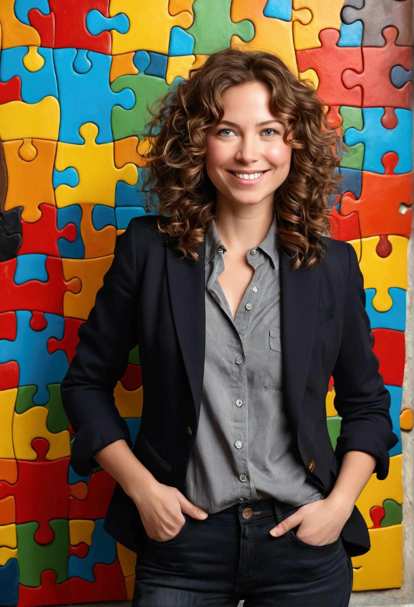 ((best qualityer)), ((work of art)), (detailded), (childlike)A 37 year old woman, with shoulder-length brown hair with lighter strands and very curly hair, round face with charming smile, blue colored eyes, chubby body, wearing an elegant gray shirt, black blazer, and black jeans and white sneakers. full - length portrait, behind a wall with red puzzle, cerulean, green and yellow. Develop this art Disney Pixar Animations Style