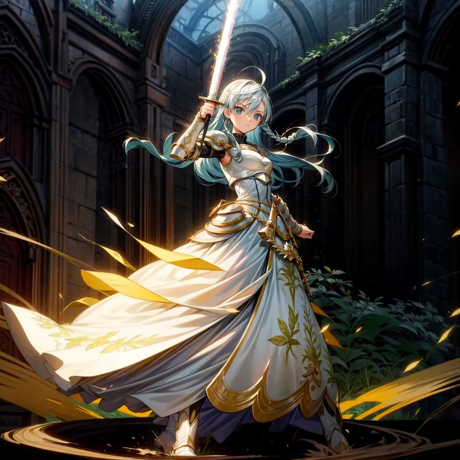 1girl, Full body version, 1character, children version, light blue eyes color, long haircut, white colour hair, formal style clothing, medieval gold armour, one gold sword in hand, Grassroots, background in green field, motion blur, battle gesture, lighting sword, smoke, fire lighting, fire, masterpiece, (Hunter x Hunter style art)