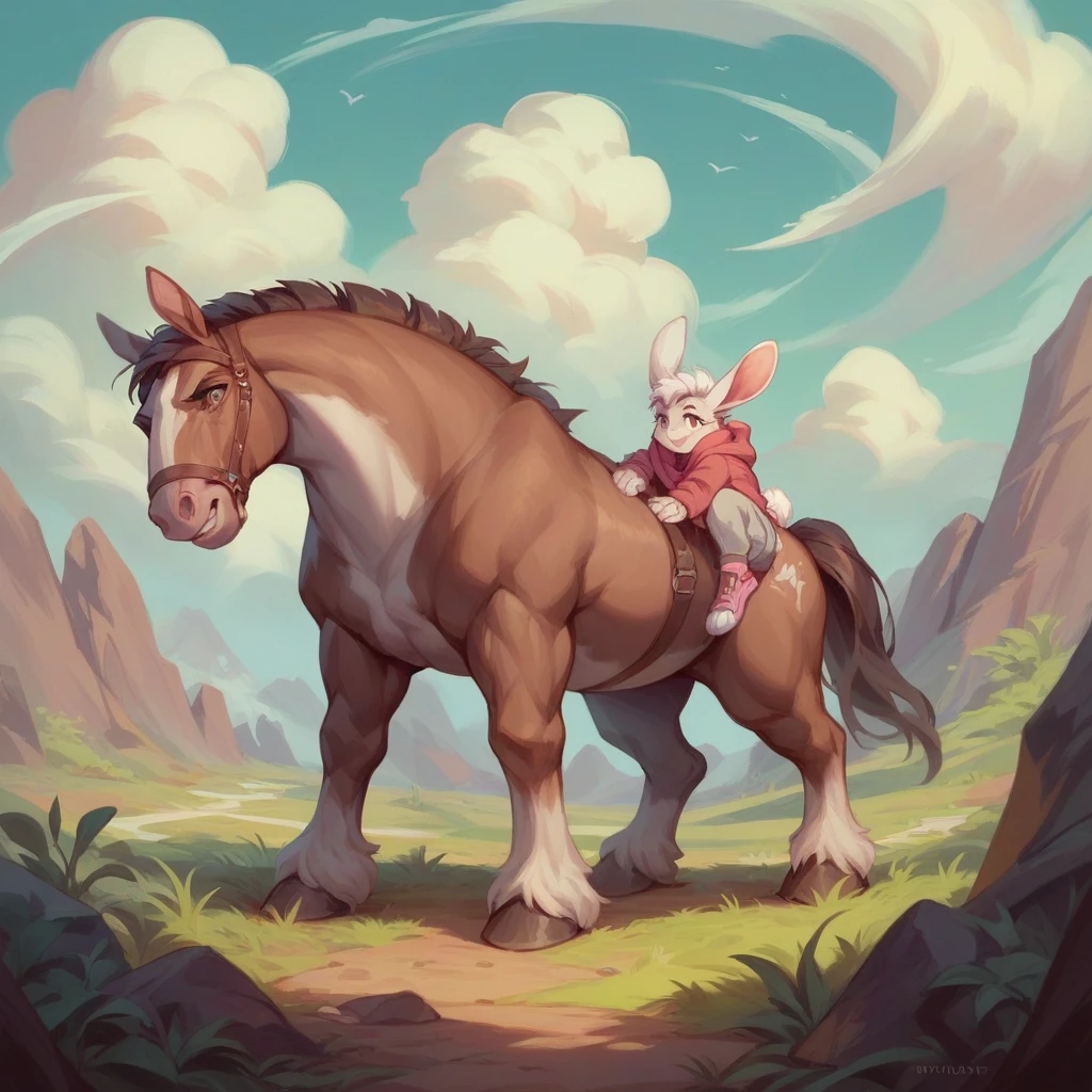 Generate cartoon pictures,Sharp rabbit in front,Behind the rabbit to the left is a sharp horse,To the right of the rabbit is a sharp tiger.,Silver Dawn in the background
