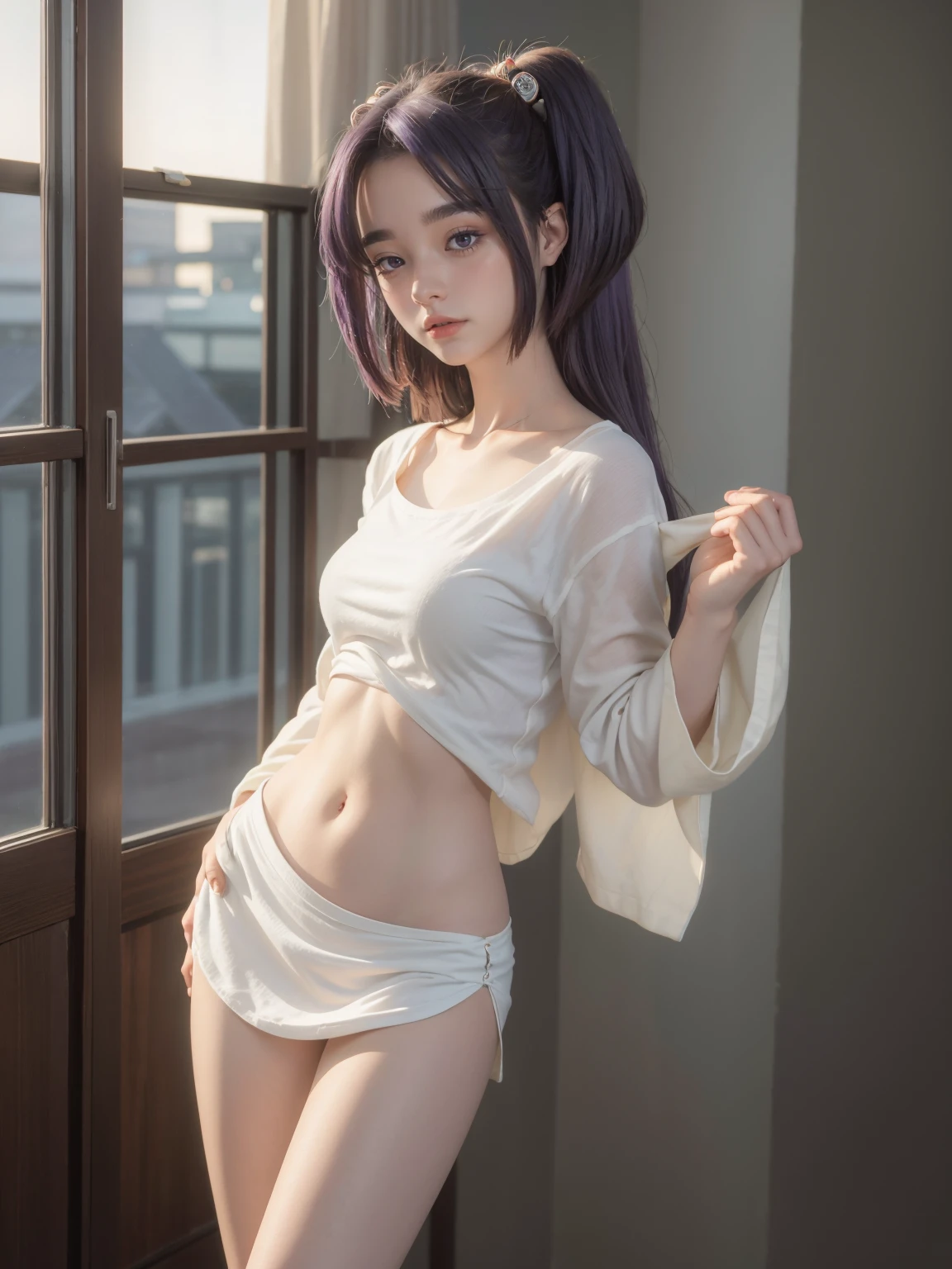 (1 lady), grown woman, 30 years old look, (Best quality at best:1.4), (ultra - detailed), (extremely detailed CG unified 16k), A Beautiful Woman with Perfect Figure: 1.4, Sharp Focus: 1.2, very detailed, High-definition RAW color photo, professional photoshooting, amazing face and eyes, (amazingly beautiful girl), ((masterpiece)), realistic cinematic face, head to feet long wide zoomed out view, full body long view, photorealistic, standing, wearing white long sleeves shirt, purple thong, ((highres)), ((detailed background)), solo, gym woman body, natural lighting, sunset, (ichinose kotomi), gorgeous, extremely beautiful face, perfect model beauty, Highly Detailed Face and Skin Texture, Detailed Eyes, Double Eyelids, ((realistic natural purple hair style, purple eyes, long hair, hair ornaments)) RAW UHD 8k photography, tarankaaa, not Dasha Taran, library background, extremely detailed, blurred background, depth of field, cinematic lighting, amazing legs, high heels, clear and well-cared skin, big ass, round ass, athletic, big proportions body, looking at viewer, frontal take,