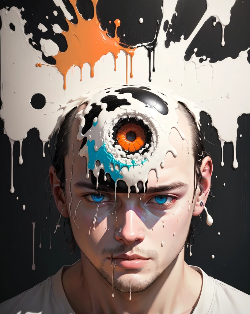 painting of a man with a head full of dripping paint, beeple. hyperrealism, inspired by Sam Spratt, realism | beeple, by Sam Spratt, simon birch, hyperalism, greg beeple, beeple and greg rutkowski, by Andrea Pozzo, artist unknown, beeple and james jean, beams of light