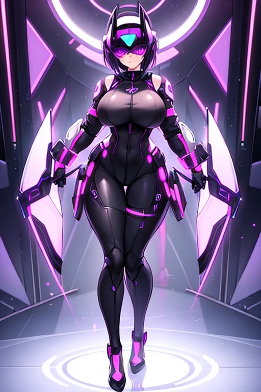 1girl, covered eyes, purple hair, very short hair, large breasts, hourglass figure, bodysuit, black bodysuit, neon, neon trim, machinery, tech, science-fiction, futuristic, standing, full body, ((full body)), pantyhose, head-mounted display, vr visors,, high heels,