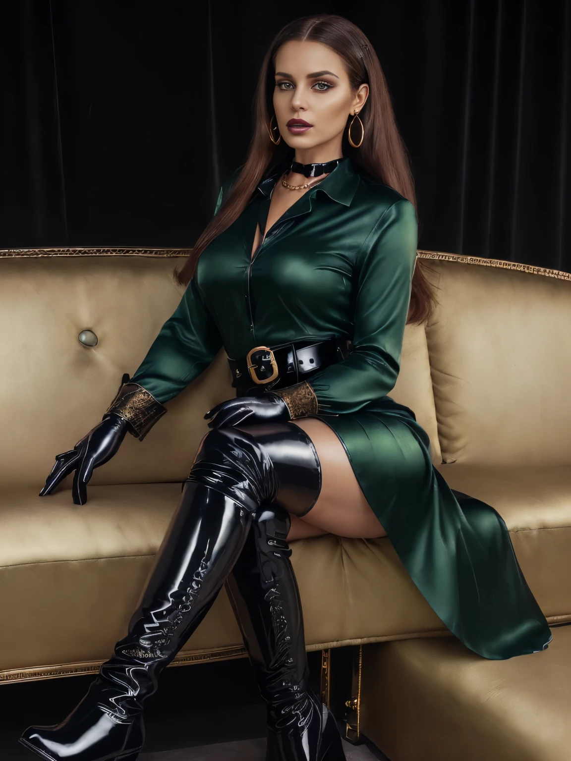 (1girl:1.34), (full body view with face and hair fully visible:2.34), (solo), (realistic photography), (satin outfit:2.33), (elegant woman sitting with crossed legs on a couch wearing formal long sleeved shiny glossy dark green satin collared shirt-dress strictly buttoned all the way up :2.32), (she wears black leather gloves on her two hands covering completely all her fingers:2.31), (her left hand caresses her left hip:2.21), (she wears shiny glossy black leather boots of same model on her two legs:1.54), (she wears a white pearls necklace:1.45), (her right hand caresses her necklace:1.44), (straight long red hair with asymetric hair style:1.43), (brown eyes:1.41), (latina type eyes:1.33), (slim body, medium breasts:1.32), (looking at the camera with intense dominant eyes:1.31), (realistic hands with intricate details:1.26), (wearing one black leather belt with golden buckle:1.22), (her right hand caresses her belt:1.21)heavy sophisticted make-up, deep dark eye shadow, thick lips, (dark shiny glossy lipstick:1.25), hourglass figure, seductive face, large round hoop golden earrings, golden bracelets, soft volumetric lights, intricate details, (ArtStation:1.2)