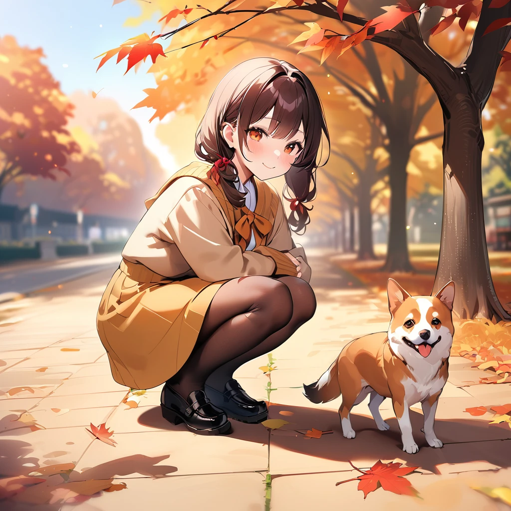 (top-quality、​masterpiece:1.2)、Best Quality、realisitic、photoshot、hight resolution、1080p、8K、Textured skin、Physical Rendering、1 Japan Girls、High school students、kawaii、Young Face、Rolled hair、(Autumn outfit:1.5)、a park、Holding a small dog、crouching down、full of shyness、smil、Big