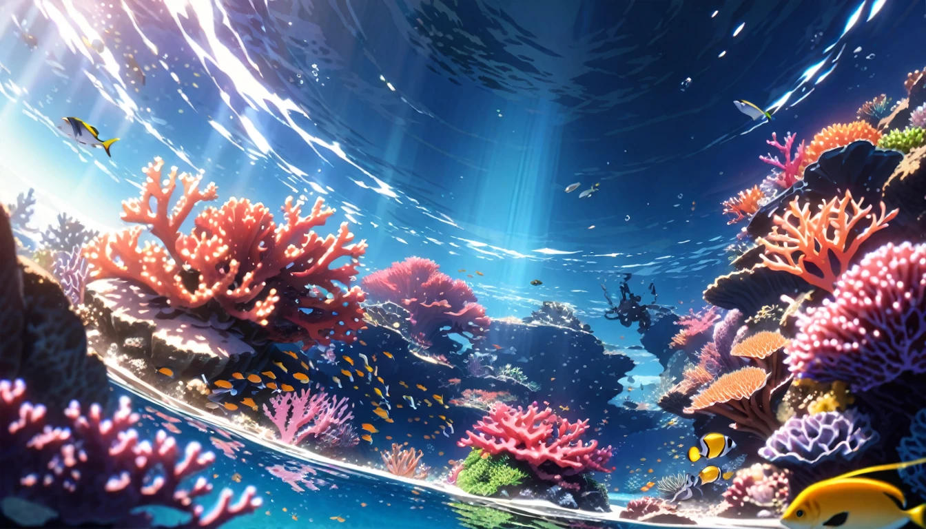 anime aestetics, anime scenery. underwater view. seascape, coral reef, view from above, huge light orange corals, purple corals, green corals at the backgroud, reef fish, depth of field, sparkle, ray tracing, reflection light, drop shadow, from above, wide shot, atmospheric perspective, perspective, highres, 8k, best quality, award winning, super detail, masterpiece