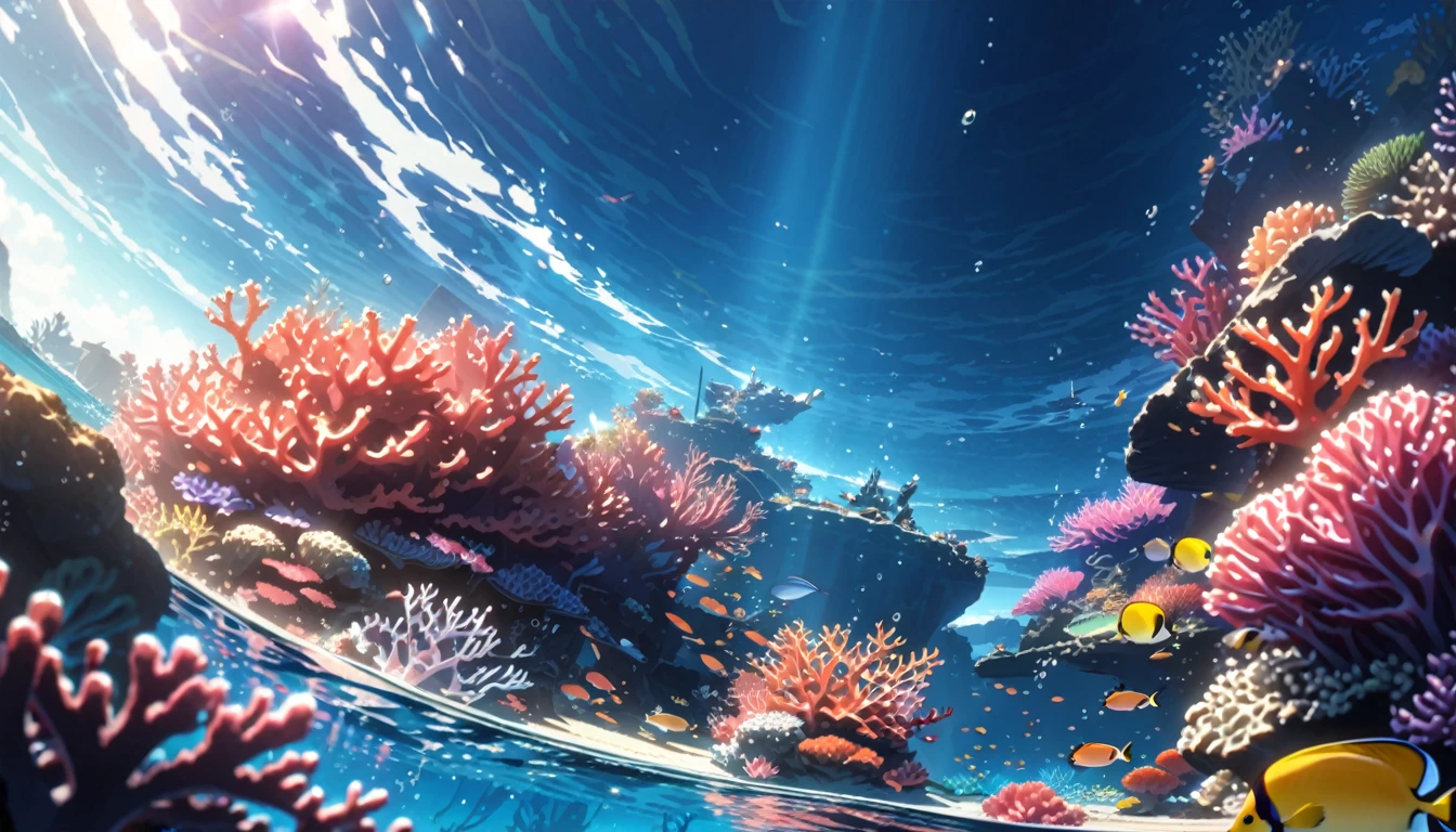 anime aestetics, anime scenery. underwater view. seascape, coral reef, view from above, huge light orange corals, purple corals, green corals at the backgroud, reef fish, depth of field, sparkle, ray tracing, reflection light, drop shadow, from above, wide shot, atmospheric perspective, perspective, highres, 8k, best quality, award winning, super detail, masterpiece