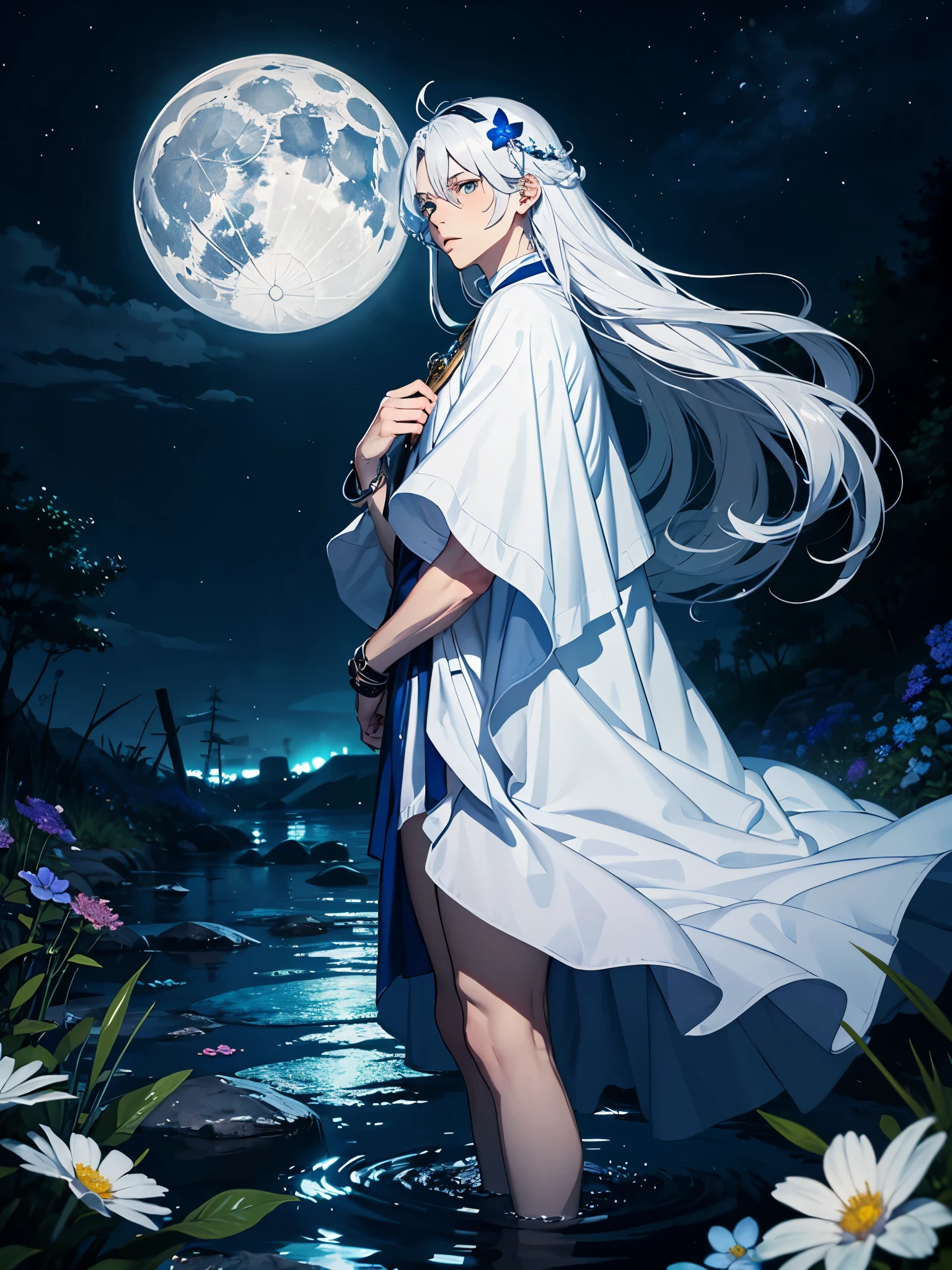Blaue Augen. Jünger. Mehr anime. Male. Light Blue flowers. Long hair. long white hair. aquatic, boy, God of the Moon, silver hair accessories, White hair, White dress, cape, at night.