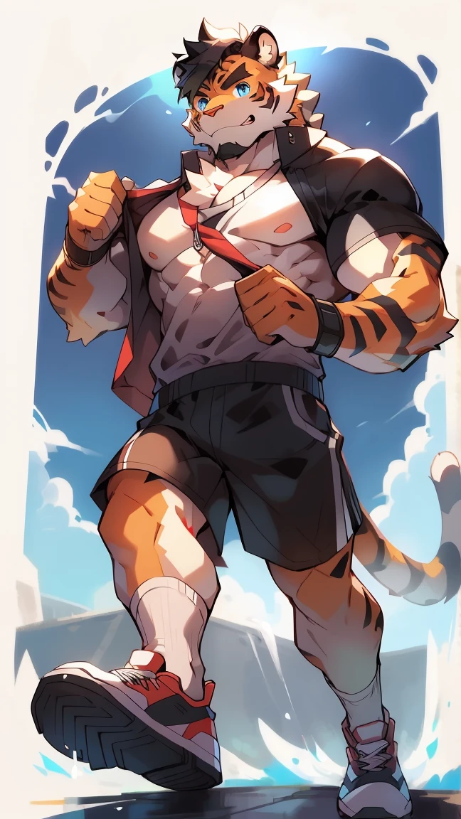White fur,Black Hair,body muscle,blue eyes,tiger,Short sleeve,shorts and shorts,White socks,sports shoes,male,Handsome,Q version。