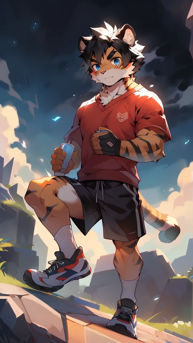 White fur，Black Hair，body muscle，blue eyes，tiger，Short sleeve，shorts and shorts，White socks，sports shoes，male，Handsome，Q version。