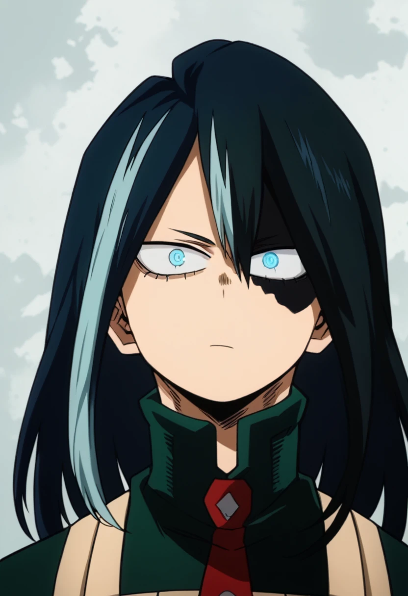 Create a My Hero Academia-style girl, with straight navy blue hair with black highlights, grayish blue eyes, with a gray, green uniform and a red UA tie, alpha eyes, long hair, somewhat serious expression.
