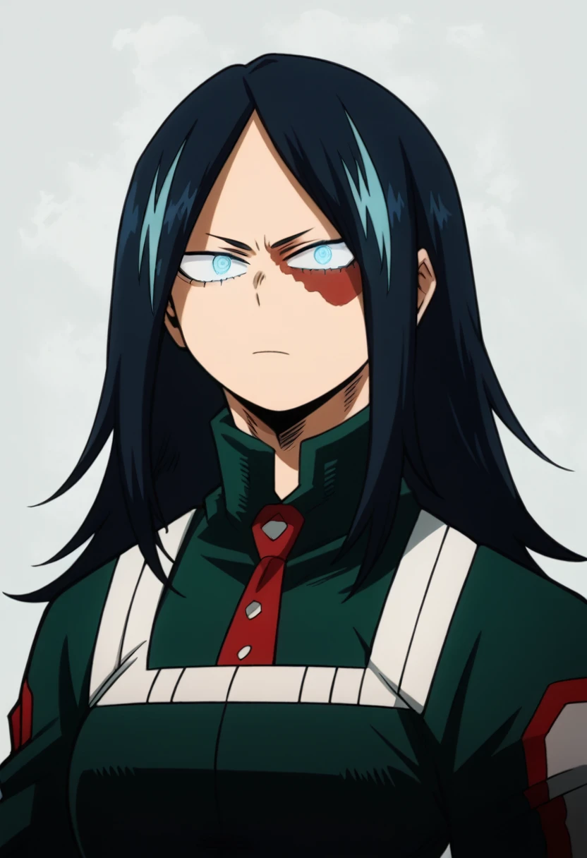 Create a My Hero Academia-style girl, with straight navy blue hair with black highlights, grayish blue eyes, with a gray, green uniform and a red UA tie, alpha eyes, long hair, somewhat serious expression. 