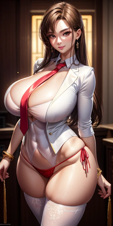 8K, Masterpiece, RAW photo, Best quality, Photorealistic, Extremely detailed CG unifies 8K, 8K, Diamond, and wallpaper, Depth of field, Cinematic light, Lens flare, Ray tracing, (Extremely beautiful face, Beautiful lips, Beautiful eyes), intricate detail face, ((ultra detailed skin)) 1girll, In the dark, deepshadow, Pretty Korean girl, Kpop idol, 1 girl, (Very slim and slender muscular body:1.3), ((view the viewer)),(Big smile:1.3), (Blurred background), In the living room),(No one is in the background:1.3), Beautiful earrings, bangle, necklace, Pantyhose, Clear eyes, Walking, (Pale skin), (Big eyes), Face forward, (brown hairs), (Full body shot), ((Skinny ladies suit:1.3)), ((white suit jacket,red necktie,Thong panties)), ((white suit jacket,red necktie,Thong panties)), (view the viewer:1.3) open breast, Very slim, Big breasts,, Ass focus, Before the eyebrows,(Skinny women's clothing), Thick thighs NSFW breasts), hdri, extremely naked, nude, nua, pelada, nsfw, perfect proportions human body, gigantic breast 1.9