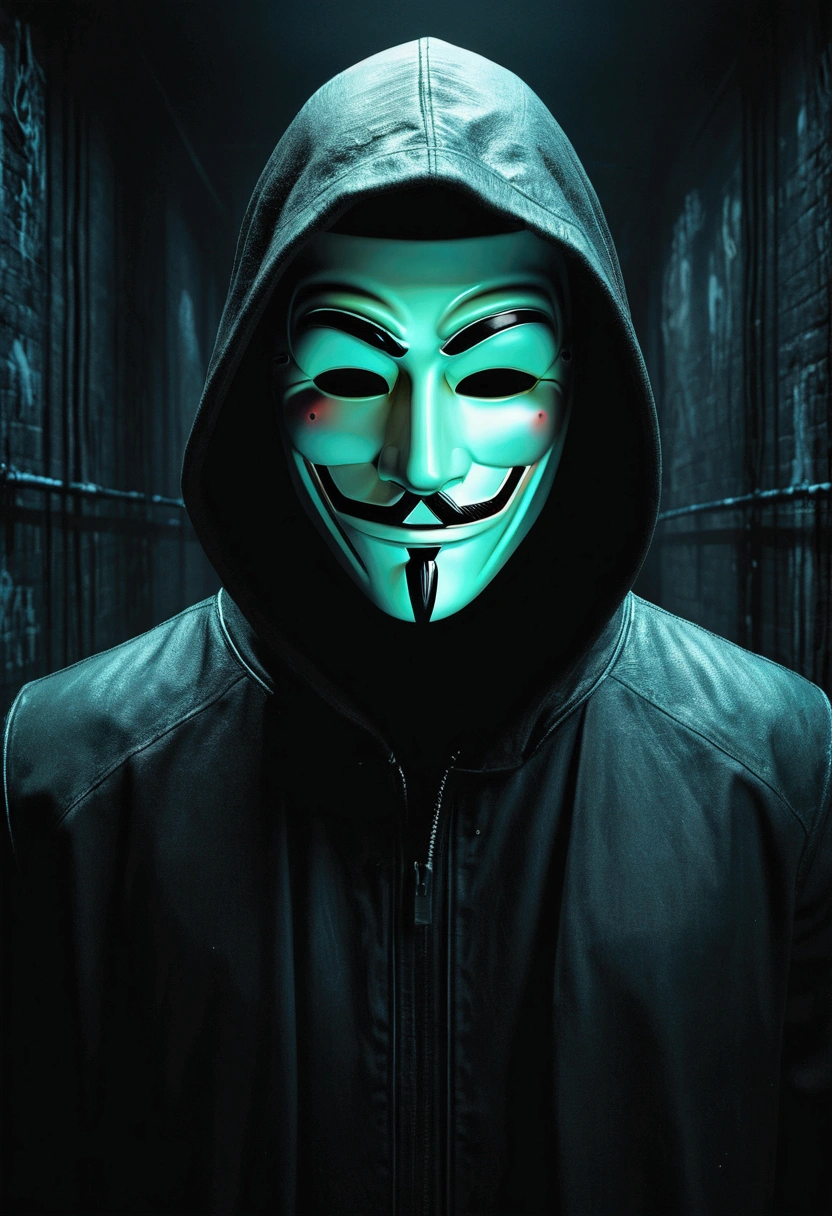 (best quality,4k,8k,highres,masterpiece:1.2),ultra-detailed,(realistic,photorealistic,photo-realistic:1.37),dark art,darkweb,evil hacker,anonymous mask,darkness,obscure,medium:oil painting,gritty textures,cyberpunk vibes,moody atmosphere,cybernetic enhancements,lurking shadows,dark alleyways,glowing neon lights,computer codes,ominous figures,secrecy and mystery,subtle hints of danger,digital glitch effects,haunting presence,haunted by past actions,cloaked in darkness,mind games,The art style should be a blend of dark and surreal elements, with a focus on capturing the essence of an evil hacker operating in the darkweb. The image should have a high level of detail and realism, portraying the character wearing an anonymous mask that conceals their identity. The use of dark and obscure elements will create an atmosphere of suspense and mystery. The lighting should be dim and moody, with shadows adding depth to the scene. The scene should be set in a dark alleyway, with glowing neon lights adding a cyberpunk touch. The hacker should be surrounded by computer codes, symbolizing their expertise in hacking. The art should also incorporate subtle glitch effects, representing the digital world they navigate. Overall, the image should evoke a sense of danger and secrecy, with the viewer feeling the presence of the evil hacker lurking in the shadows.