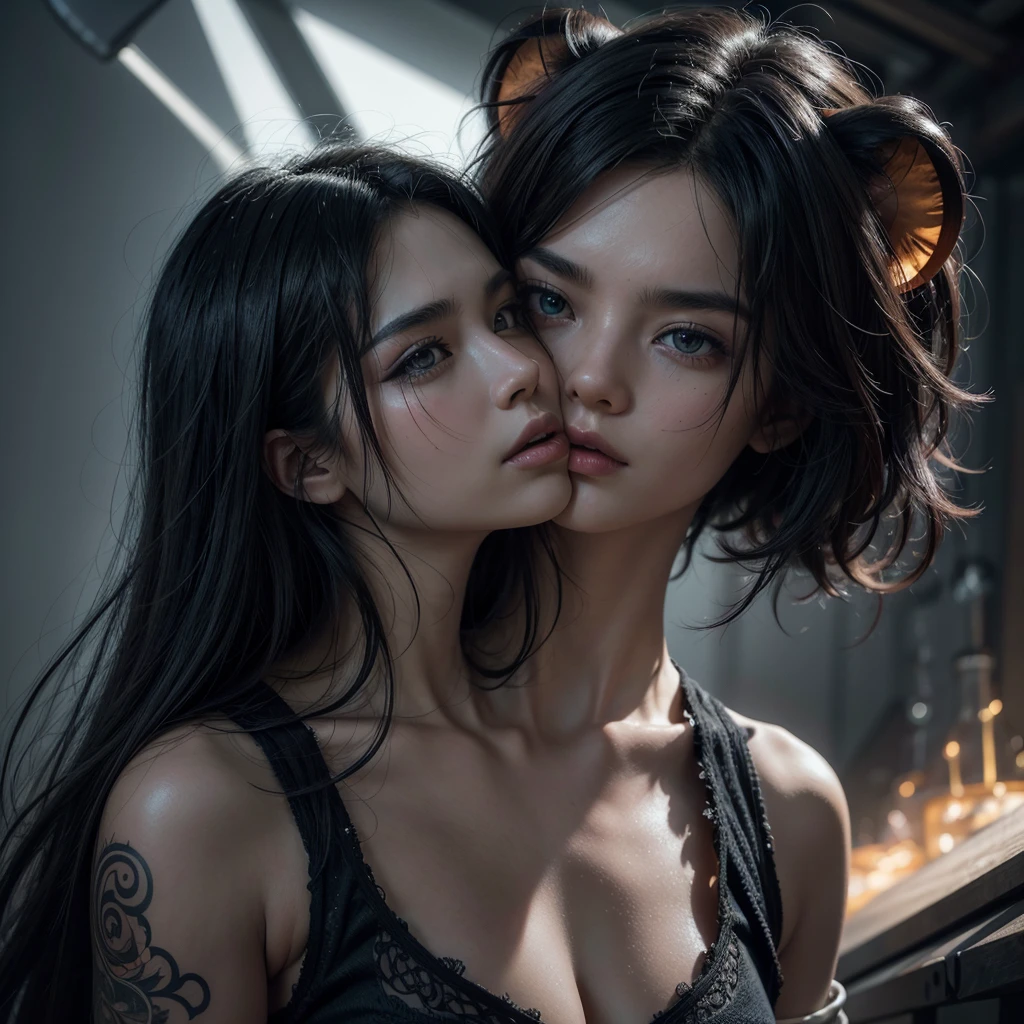a very high resolution image of a warrior and a black lion. The image was created in a real anime style, highly detailed, and shows a beautiful warrior wearing only scraps of clothing, which leave her entire tattooed body visible with a highlight. The high detail of the image with soft and romantic shading, with cinematographic lighting, leaves the image with a perfect composition. This captivating scene is captured in stunning high-tech digital art, where every pixel conveys a sense of surreal, otherworldly beauty. The colors are vibrant, electric and pulsating, bringing the heroic figure to life in mesmerizing detail
