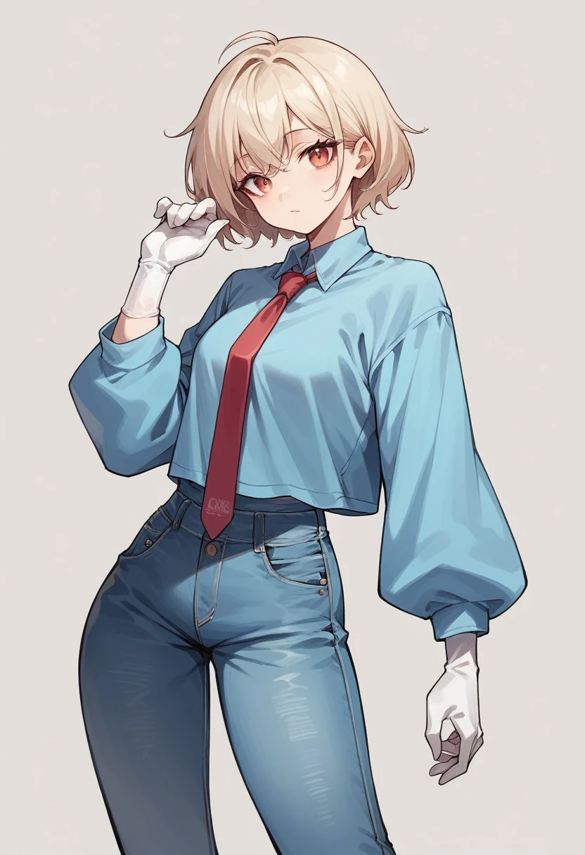 1girl, light hair, ((white elbow gloves)), ((surgical gloves)), ((latex gloves)), (((long sleeves))), ((blue oversize shirt)), ((sleeves tucked into gloves)), ((baggy jeans)), tie, looking at viewer, standing, solo