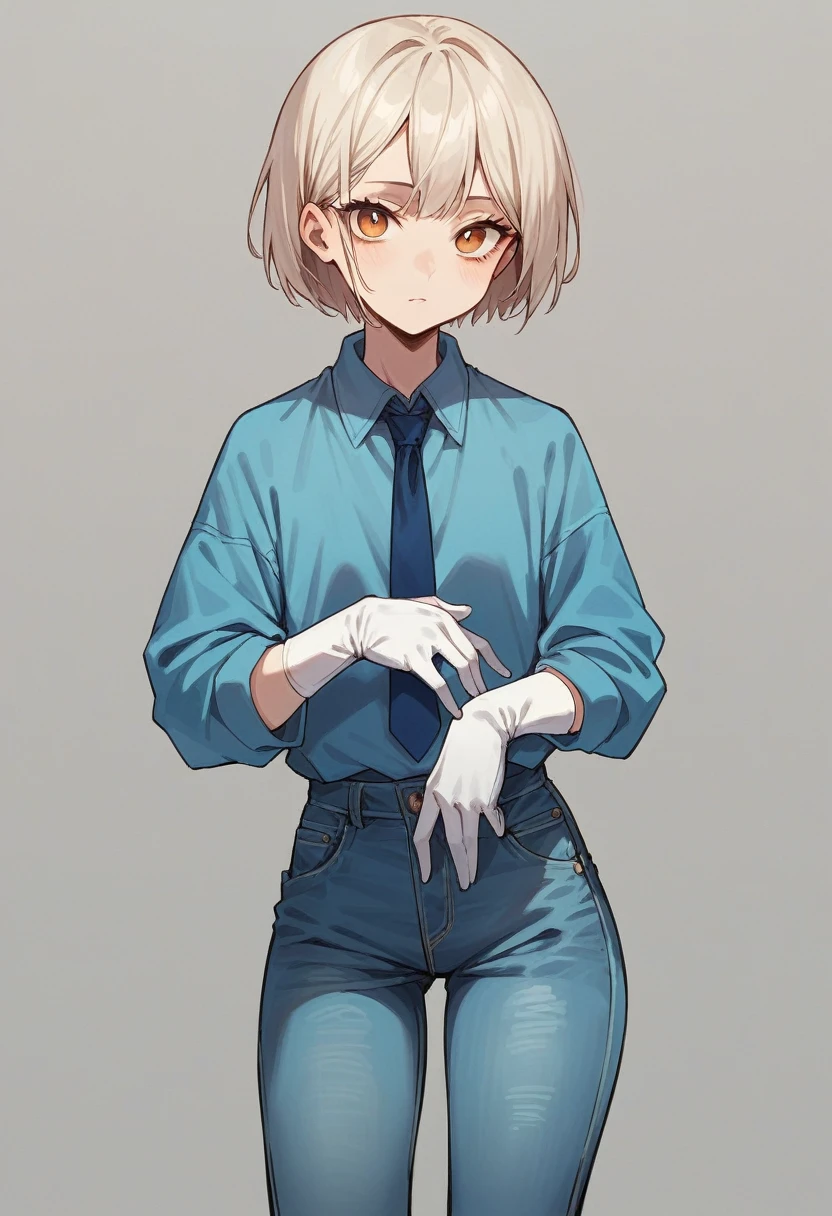 1girl, light hair, ((white elbow gloves)), ((surgical gloves)), ((latex gloves)), (((long sleeves))), ((blue oversize shirt)), ((sleeves tucked into gloves)), ((baggy jeans)), tie, looking at viewer, standing, solo
