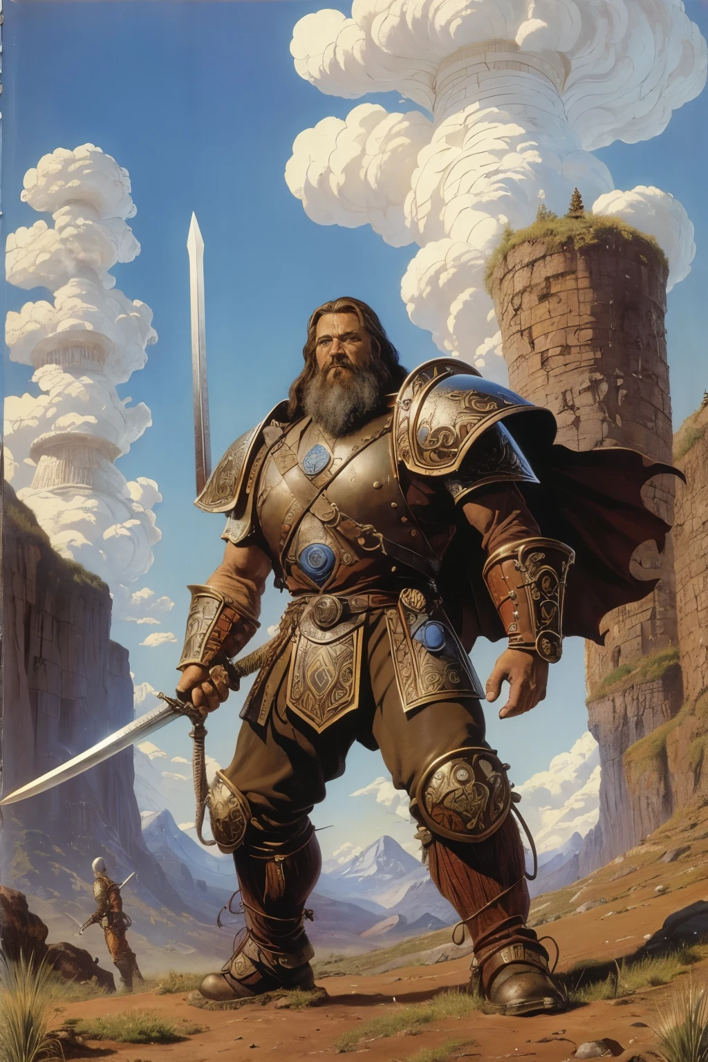 ((larry elmore style)), ((hand painted art)), ((D&D art)), ((old school sword & sorcery art)), ((detailed)), ((masterpiece)) a rusty golem, a humanoid iron construct made of cables, turbines and steam pipes holding a rusty old sword