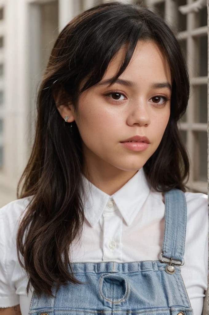 jenna ortega, long hair, 
pink overalls, studs, white shirt, detailed skin, 
headshot, simple solid background, closeup head-shot, realistic,
 