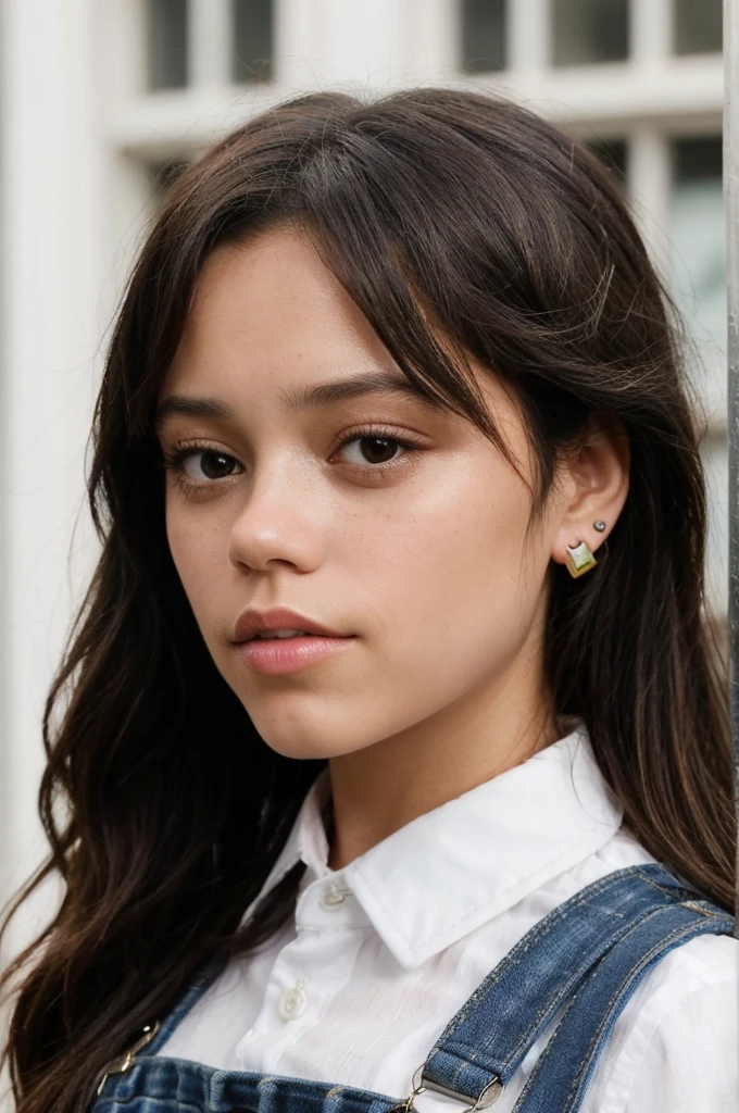jenna ortega, long hair,
pink overalls, studs, white shirt, detailed skin,
headshot, simple solid background, closeup head-shot, realistic,