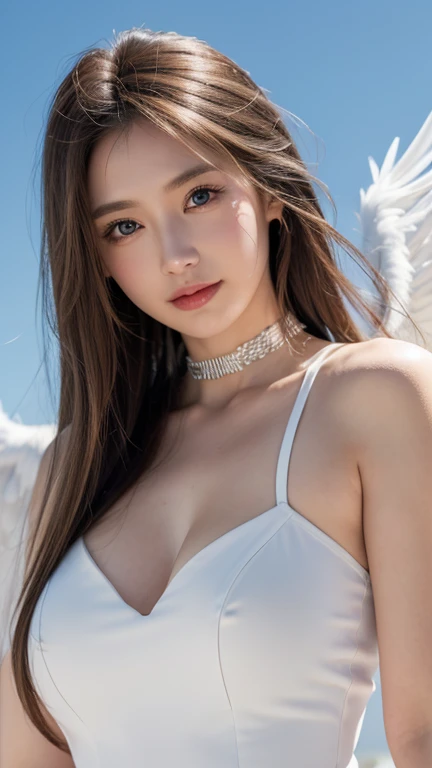 【【【Belldandy】】】, Long Hair, blue eyes, Brown Hair, Facial blemishes, （（Forehead mark））, Mature Woman, smile, 【【Big Wings】】, choker, Lots of bracelets, ring, feather, angel wings、goddess、null, sun, cloud, Highest quality, High resolution, Clear Images、8k wallpaper, (Beautiful attention to detail:1.6), Watery eyes、Watery eye、Highly detailed face, Perfect lighting, Highly detailed CG,whole body、whole、The photo shows Zeshin、青nullを飛んでいる、白いcloud、（（Halo））、Large Breasts、Belldandy