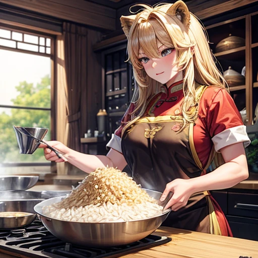 A blonde lion beast woman is making char siu There is a bowl of rice