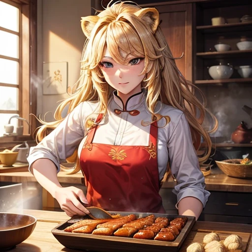 A blonde lion beast woman is making char siu There is a bowl of rice