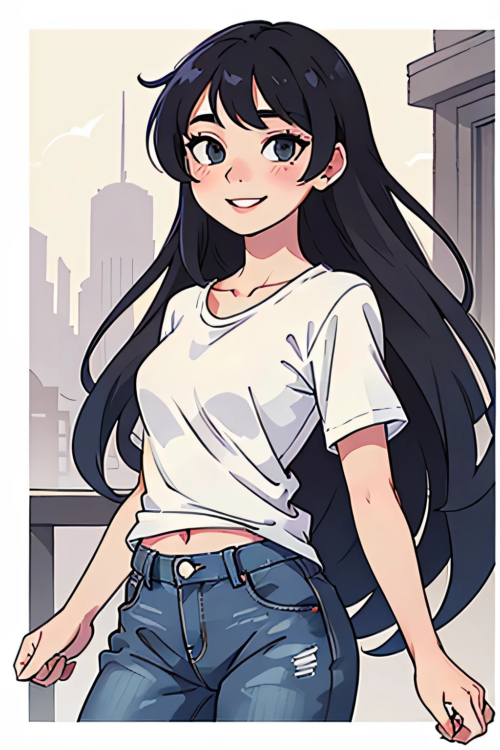 Amazing portrait of a sexy woman wearing her long straight luscious black hair, seductively gazing and smiling, soft lips, parted, blushing intensely, smiling, white t shirt, grey cardigan, baggy jeans, medium chest, perfect body