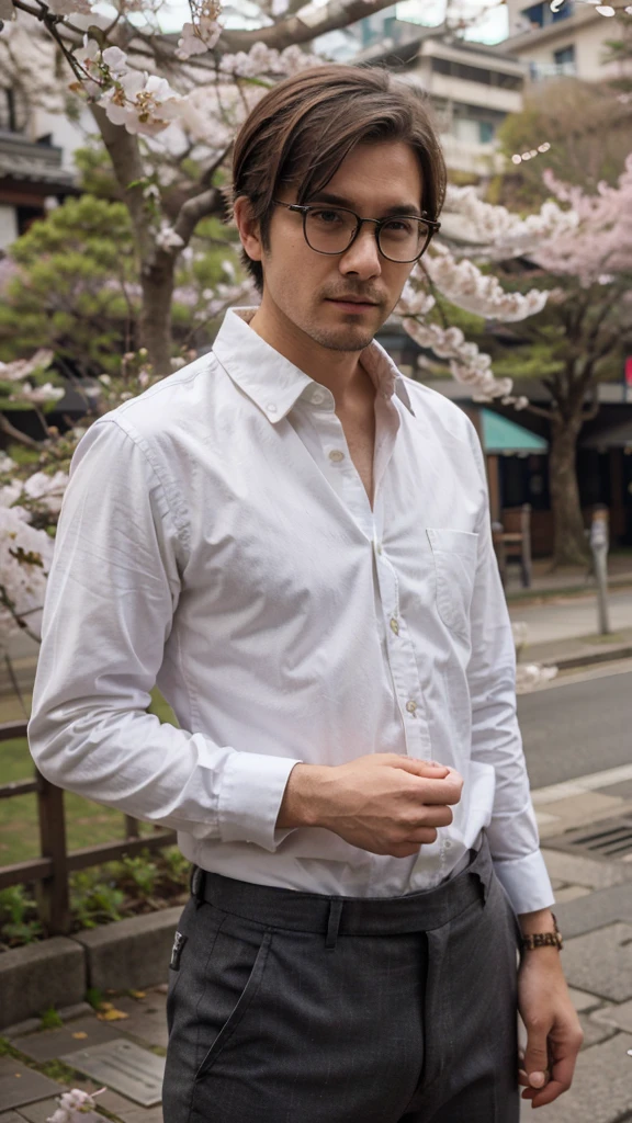 close-up, hipster man, wearing shirt and trousers, posing near the sakura