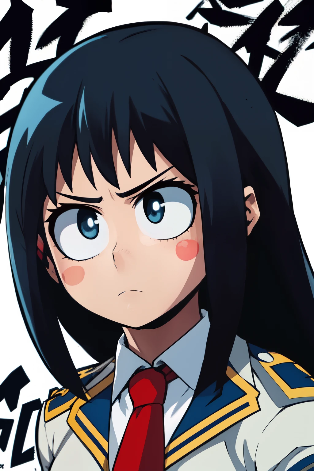 Create a My Hero Academia-style girl, with straight navy blue hair with black highlights, grayish blue eyes, with a gray, green uniform and a red UA tie, alpha eyes, long hair, somewhat serious expression.