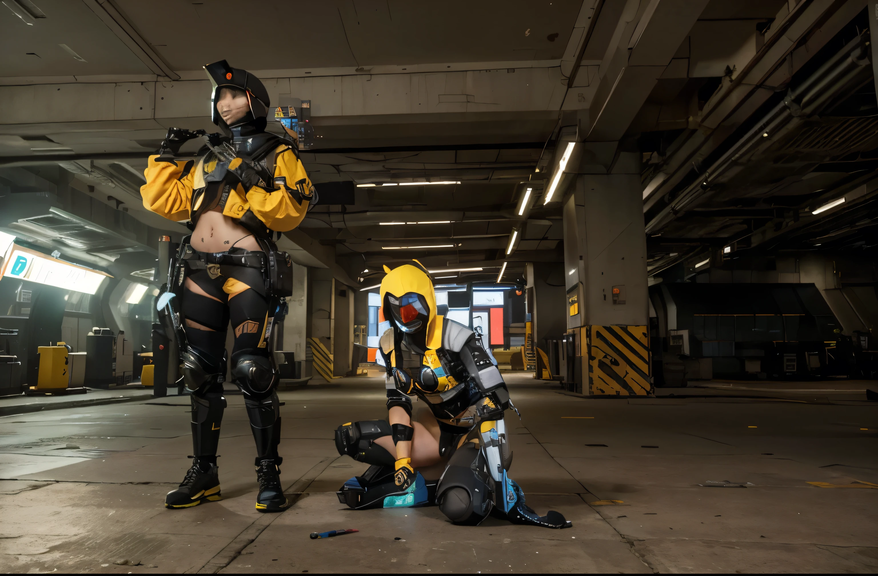 (Best quality, 8k, 32k, Masterpiece, UHD:1.2), "Transform the scene into a vibrant and high-tech environment, showcasing Killjoy from Valorant alongside her Turret Mech. Picture a futuristic cityscape with towering skyscrapers adorned with neon lights and holographic billboards. The streets below are bustling with advanced technology, sleek vehicles, and intricate infrastructure.

In the foreground, Killjoy stands confidently, her distinctive yellow jacket and cap highlighting her vibrant personality. She has her turret mech deployed beside her, a sleek, compact machine with a metallic finish, ready to assist in any combat scenario. The turret mech emits a soft blue glow, indicating its active status.

The background features a mix of high-tech elements: digital advertisements flicker on large screens, drones zip through the air, and the city skyline is dotted with futuristic architecture. The scene is illuminated by neon signs and ambient lights, casting a dynamic array of colors and shadows.

The overall setting should capture the essence of a cutting-edge, futuristic world, emphasizing Killjoy's technological prowess and the advanced nature of her turret mech. The atmosphere is one of readiness and innovation, perfectly aligning with Killjoy's character and the high-energy environment of Valorant."
