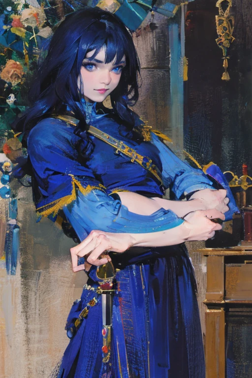 A deep blue-haired girl wields the Heavy Thrusting Swords from within the Elden Ring in a reverse grip.