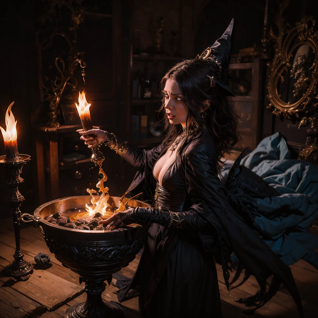 a dark witch casting a dark spell with a small cauldron on the table, behind her a demonic figure dominates the scene