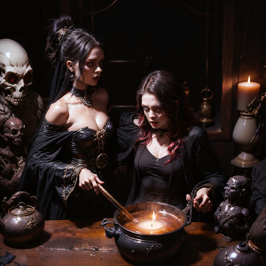 a dark witch casting a dark spell with a small cauldron on the table, behind her a demonic figure dominates the scene