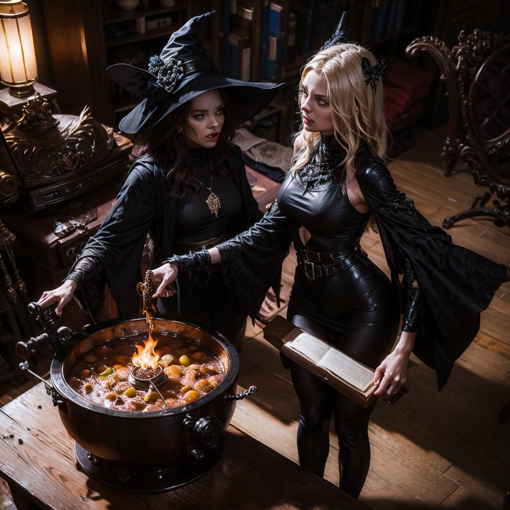 a dark witch casting a dark spell with a small cauldron on the table, behind her a demonic figure dominates the scene