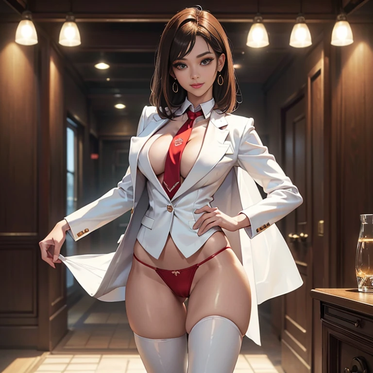 8K, Masterpiece, RAW photo, Best quality, Photorealistic, Extremely detailed CG unifies 8K, 8K, Diamond, and wallpaper, Depth of field, Cinematic light, Lens flare, Ray tracing, (Extremely beautiful face, Beautiful lips, Beautiful eyes), intricate detail face, ((ultra detailed skin)) 1girll, In the dark, deepshadow, Pretty Korean girl, Kpop idol, 1 girl, (Very slim and slender muscular body:1.3), ((view the viewer)),(Big smile:1.3), (Blurred background), In the living room),(No one is in the background:1.3), Beautiful earrings, bangle, necklace, Pantyhose, Clear eyes, Walking, (Pale skin), (Big eyes), Face forward, (brown hairs), (Full body shot), ((Skinny ladies suit:1.3)), ((white suit jacket,red necktie,Thong panties)), ((white suit jacket,red necktie,Thong panties)), (view the viewer:1.3) open breast, Very slim, Big breasts,, Ass focus, Before the eyebrows,(Skinny women's clothing), Thick thighs NSFW breasts), hdri, extremely naked, nude, nua, pelada, nsfw, perfect proportions human body, gigantic breast 1.9