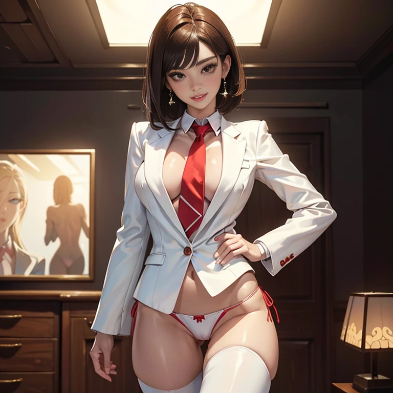 8K, Masterpiece, RAW photo, Best quality, Photorealistic, Extremely detailed CG unifies 8K, 8K, Diamond, and wallpaper, Depth of field, Cinematic light, Lens flare, Ray tracing, (Extremely beautiful face, Beautiful lips, Beautiful eyes), intricate detail face, ((ultra detailed skin)) 1girll, In the dark, deepshadow, Pretty Korean girl, Kpop idol, 1 girl, (Very slim and slender muscular body:1.3), ((view the viewer)),(Big smile:1.3), (Blurred background), In the living room),(No one is in the background:1.3), Beautiful earrings, bangle, necklace, Pantyhose, Clear eyes, Walking, (Pale skin), (Big eyes), Face forward, (brown hairs), (Full body shot), ((Skinny ladies suit:1.3)), ((white suit jacket,red necktie,Thong panties)), ((white suit jacket,red necktie,Thong panties)), (view the viewer:1.3) open breast, Very slim, Big breasts,, Ass focus, Before the eyebrows,(Skinny women's clothing), Thick thighs NSFW breasts), hdri, extremely naked, nude, nua, pelada, nsfw, perfect proportions human body, gigantic breast 1.9