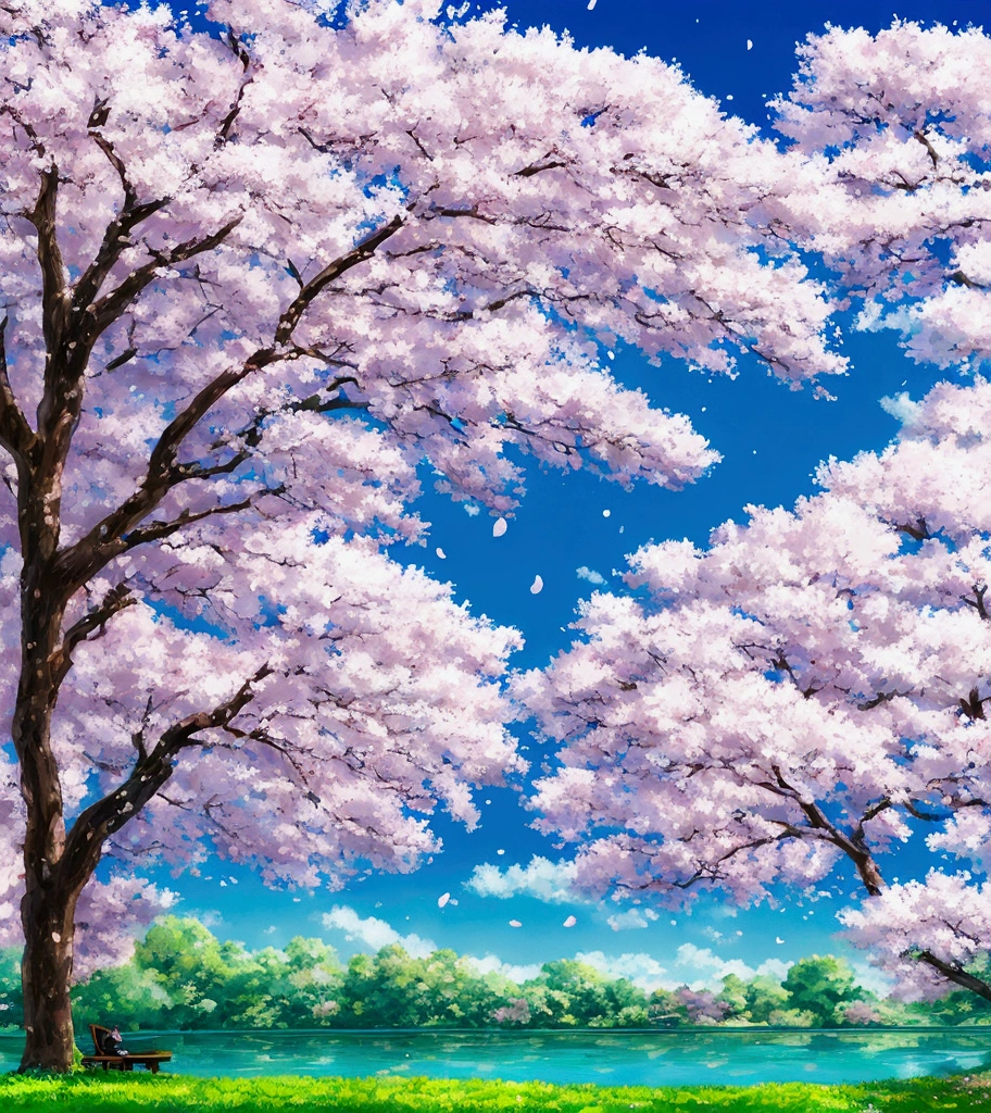 Serene park with cherry blossom trees in full bloom, petals gently falling, anime-style. A thoughtful anime character sits on a bench, looking slightly anxious, high quality, 8k