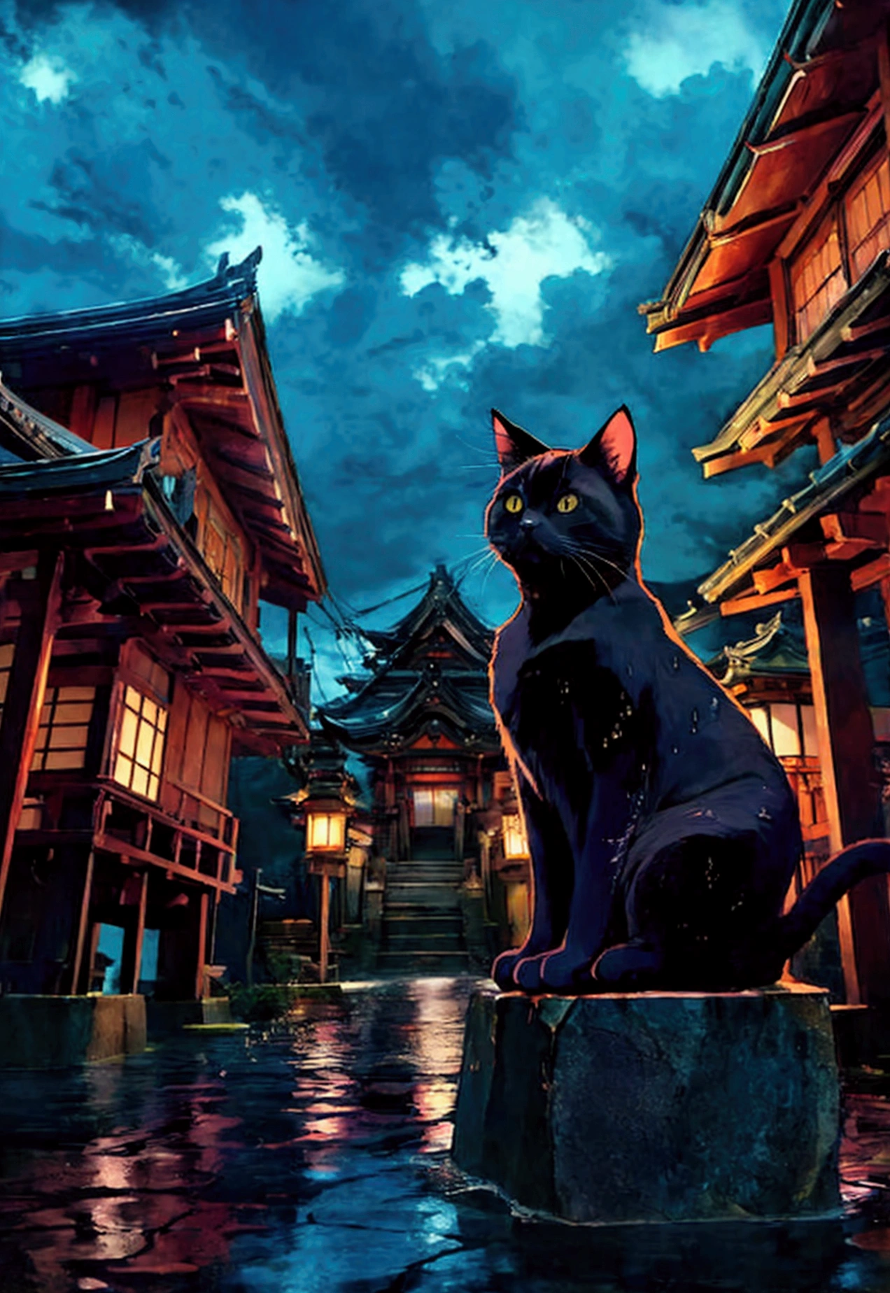 Cat in the back、black cat、huge pussy、Studio Ghibli style、Japanese style、Japan、A shrine in the background、Temple、Wet day、Highest quality、Ultra-fine、Cloudy、anime、Show your back、Giant cat