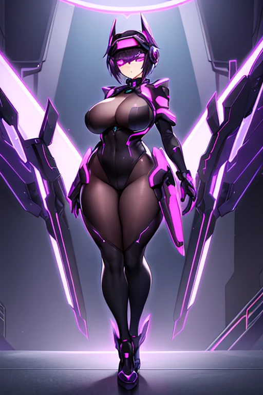 1girl, covered eyes, purple hair, very short hair, large breasts, hourglass figure, bodysuit, black bodysuit, neon, neon trim, machinery, tech, science-fiction, futuristic, standing, full body, ((full body)), pantyhose, head-mounted display, vr visors,, high heels,