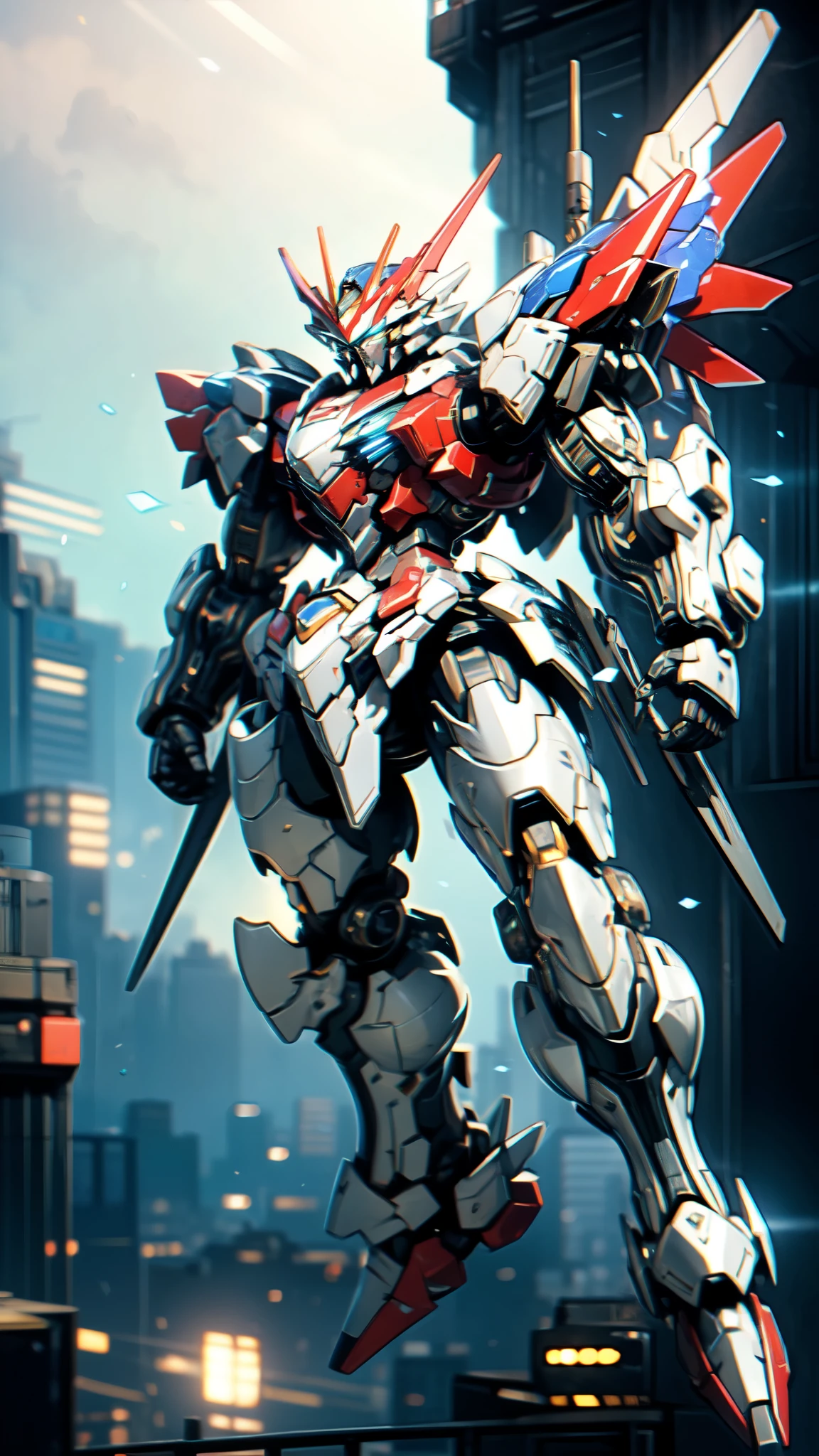 (masterpiece:1.5, best quality:1.5, extremely delicate:1.5), humanoid Mecha, fully enclosed shoulder guards, matching arm and leg guards, full body, full armor, the design balances heavy with agility, (the color scheme is primarily white with red and blue accents, the concept Inspired by Super robot, organic biotech armor, standing, floating high above the futuristic sci-fi city), exquisite and mature art style, (aura effect, energy, glowing eyes, the armor glows), ((SRS)), metallic, dramatic, high definition, highres, ultra-detailed, ultra-fine painting, professional, perfect body proportions, anatomically correct, symmetrical face, extremely detailed eyes and face, high quality eyes, creativity, RAW photo, UHD, 32k, Natural light, cinematic lighting, masterpiece-anatomy-perfect